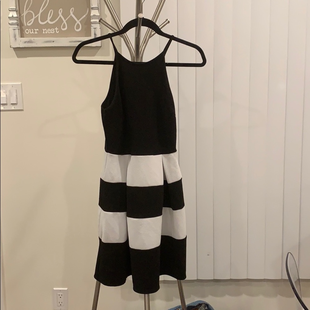 High Neckline Black and White Striped Dress